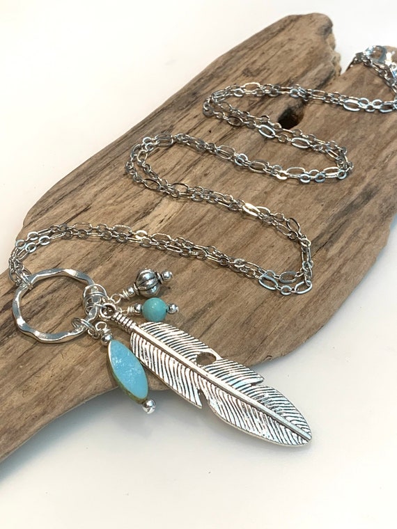 Boho Pendant Necklace Silver Feather With Turquoise Stones - Etsy