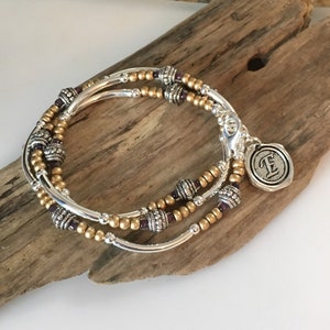 Beaded Boho Silver Tube Wrap Bracelet/ Necklace/Frosted gold Brown, 3X Multi Wrap Bracelet, Tibetan Style image 4