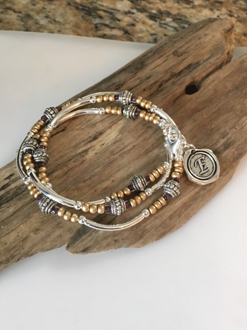 Beaded Boho Silver Tube Wrap Bracelet/ Necklace/Frosted gold Brown, 3X Multi Wrap Bracelet, Tibetan Style image 4