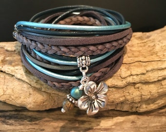 Wrap Bracelet,Boho Wrap Bracelet,Braided leather Charm Bracelet, Grey, Blue,Leather, Suede, custom Wrap Bracelet,Leather Bracelet,