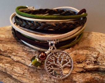 Leather Bracelet, Leather Wrap Bracelet, Natural Earth Wrap,Custom Charm, Personalized, Tree, Feather, Initial, Green, Brown, Cream