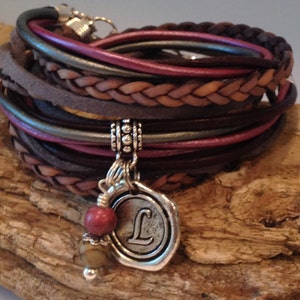 Wrap Bracelet, Leather boho Wrap, Leather Bracelet, Personalized, Wrap, Cuff Bracelet,Personalized Custom Charm,Grey, Silver, Plum,Burgundy