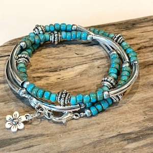 Wrap-armband, Boho Wrap, Turkos, Silverrör, Tibetanska pärlor, Wrap-armband med fröpärlor, Boho Silver, Glaspärlor, Turkos Boho-stil