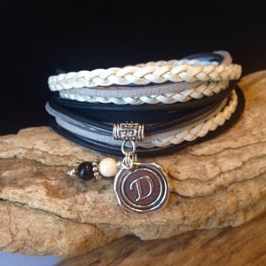 Leather Boho Wrap, Leather Beacelet, Custom Wrap, Braided Leather ,Cuff Wrap, Charm, personalized, Christian, Black, Grey, Silver, White