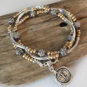 Beaded Boho Silver Tube Wrap Bracelet/ Necklace/Frosted gold Brown, 3X Multi Wrap Bracelet, Tibetan Style image 1