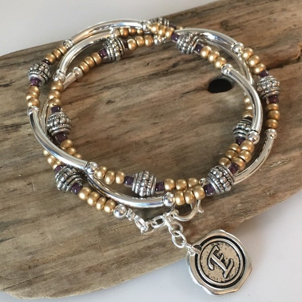 Beaded Boho Silver Tube Wrap Bracelet/ Necklace/Frosted gold Brown, 3X Multi Wrap Bracelet, Tibetan Style