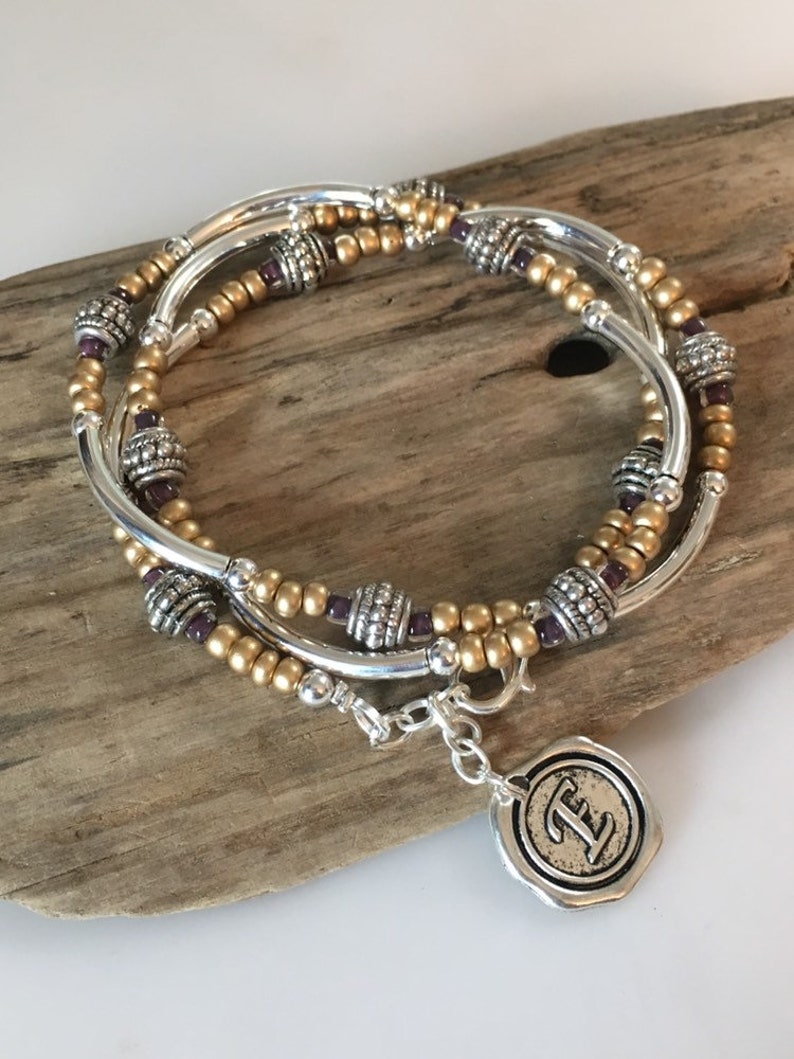 Beaded Boho Silver Tube Wrap Bracelet/ Necklace/Frosted gold Brown, 3X Multi Wrap Bracelet, Tibetan Style image 1