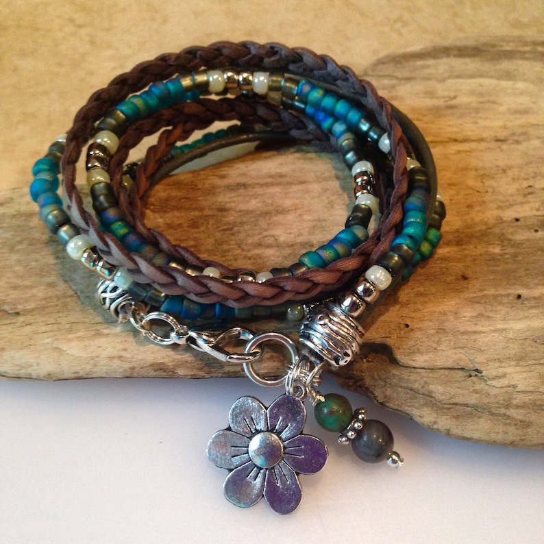 Beaded Wrap Bracelet Boho Wrap Bracelet Blue Cream Silver Etsy