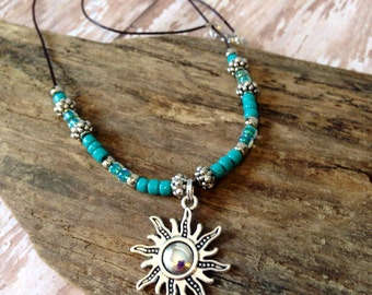 boho Beaded Necklace, CHOOSE your CHARM, Leather Cord Necklace, Turquoise, Silver,