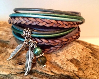 Bracelet,  Wrap Bracelet,Leather Wrap Bracelet,Boho Bracelet, gypsy wrap Bracelet,Custom, Tassel, Christian, Hipster, Teal, Grey, Brown
