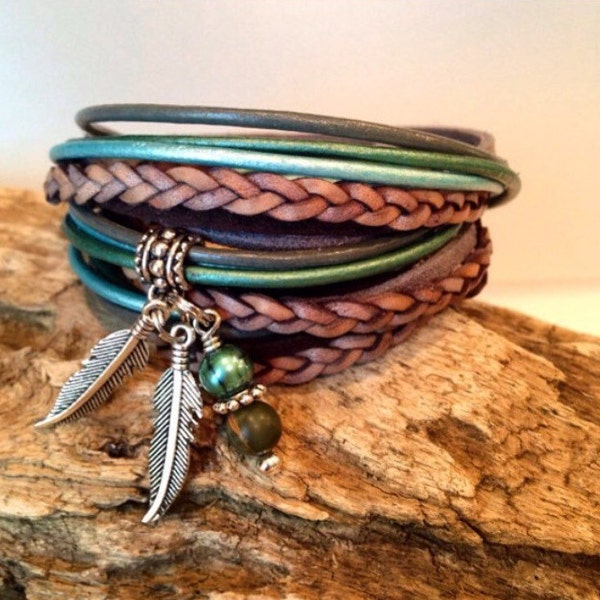 Bracelet,  Wrap Bracelet,Leather Wrap Bracelet,Boho Bracelet, gypsy wrap Bracelet,Custom, Tassel, Christian, Hipster, Teal, Grey, Brown