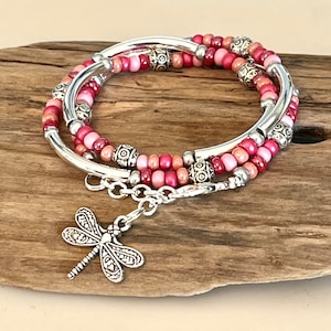 Pulsera Boho Wrap, pulsera de tubo con cuentas, pulsera de mezcla rosa, pulsera de cuentas, estilo tibetano/collar, regalo para mamá, hija