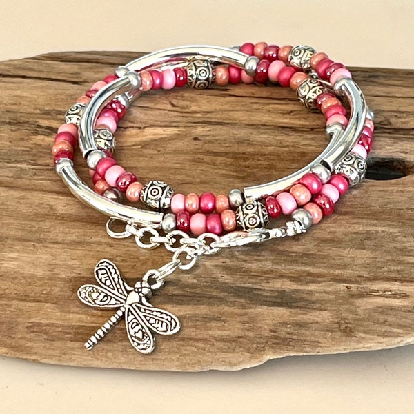 Boho Wrap Bracelet, Beaded Tube Wrap, Pink mix wrap bracelet, beaded wrap, Tibetan style/Necklace Gift for mom, daughter