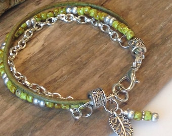 Spring Bracelet,Boho Bracelet, Single Wrap, Moss green, silver, Miyuki Beads, leather wrap bracelet, Charm Bracelet, Gift for Her