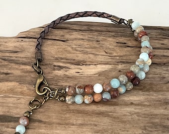 Leather Bracelet, Natural Aqua Terra  Jasper Stones, Wrap Bracelet,  jasper Stone, Leather bracelet, Custom, Delicate Jasper Bracelet