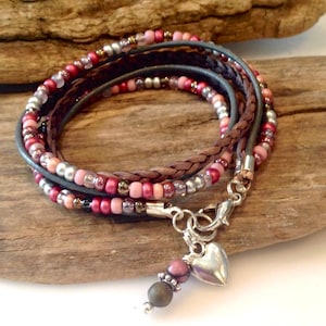Pulsera de primavera, personalizada, pulsera de capas, estilo bohemio, pulsera de cuero con cuentas, inspiradora, rosa y plata, pulsera con dijes, regalo para ella