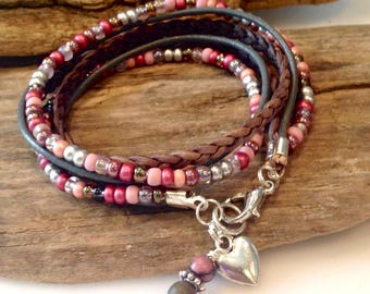 Spring Bracelet, Custom, layering Bracelet, Boho Wrap, Beaded Leather Bracelet, Inspirational, Pink and silver, Charm Bracelet, Gift for Her