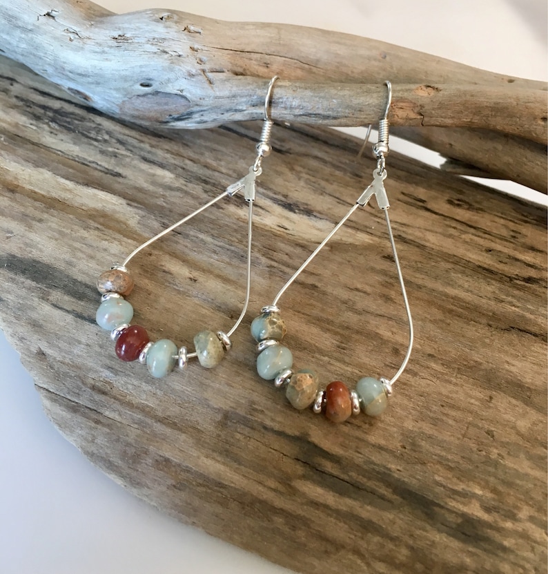 Boho Style Teardrop Earrings Beach Boho Style Hoop Earrings jasper stones and silver semi precious jasper beads,Boho Dangle Earrings