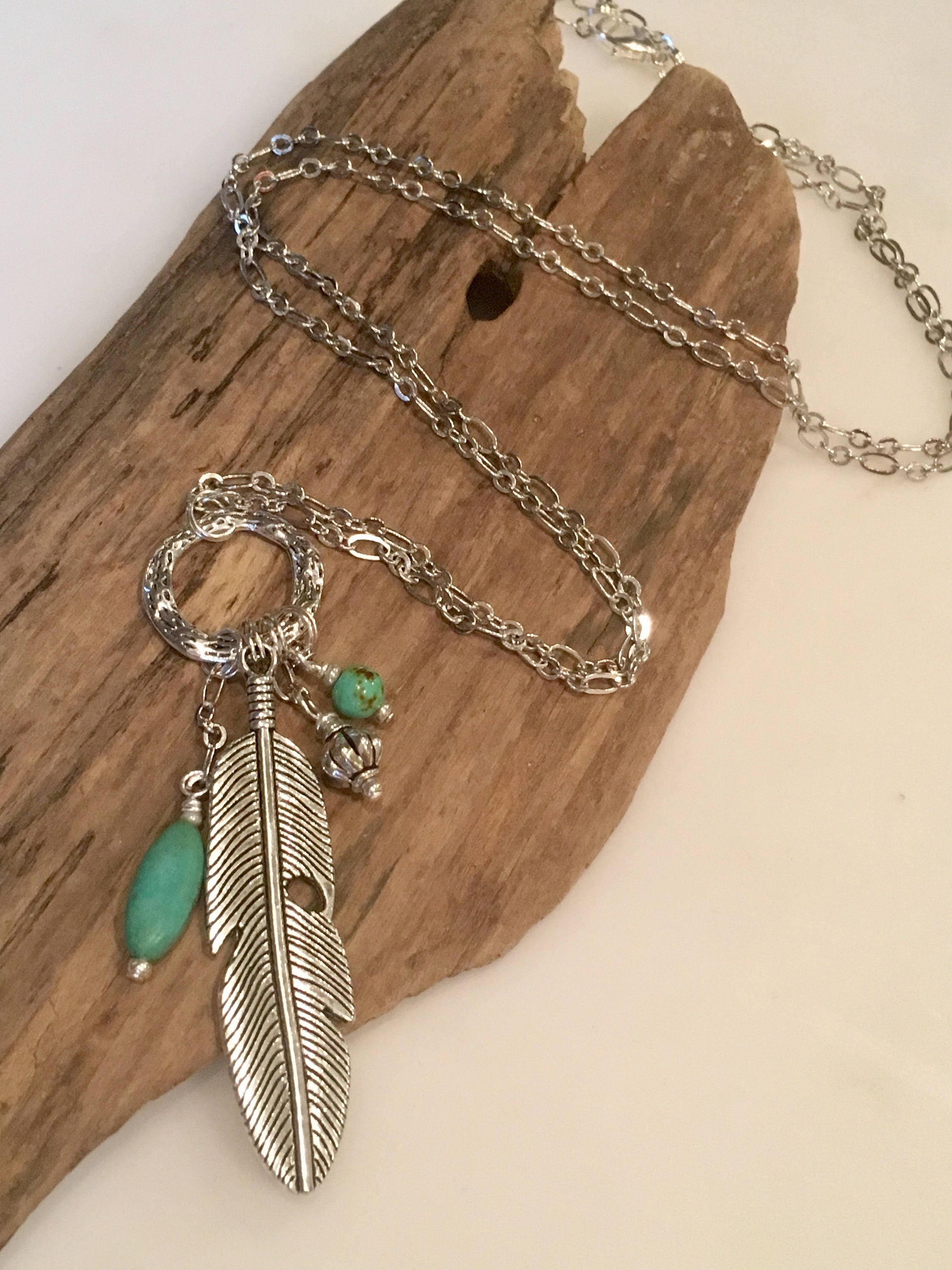 Boho Pendant Necklace Silver Feather with turquoise stones | Etsy