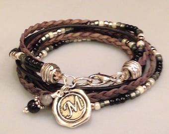 Top Seller! Leather Bracelet, Unisex, Beaded Wrap Bracelet, Leather Bracelet, Personalized, Silver, Black, Custom, Charm,Multi Wrap, Braided