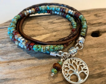 Spring Bracelet, Beaded Boho Wrap Bracelet, Seafoam green and Brown, Boho Wrap Bracelet,Soft Suede Braid, Miyuki Beads, Charm Bracelet