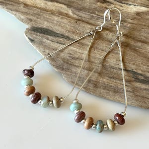 Hoop Earrings, Boho Style Teardrop Earrings, jasper healing stone earrings, silver, semi precious jasper beads,Boho Dangle Earrings,