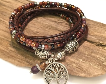 Brown leather bracelet , stack, Boho Wrap Bracelet, Leather Bracelet,  Beaded Wrap, Bohemian Style, Charm Bracelet, Burgundy, Plum, Brown,