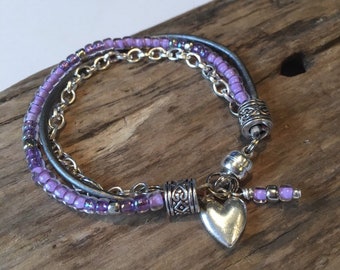 Boho Bracelet, Beaded Leather Boho Wrap, Lavender, Purple, silver with Chain, Choose your charm, Delicate Style, Gift for Her