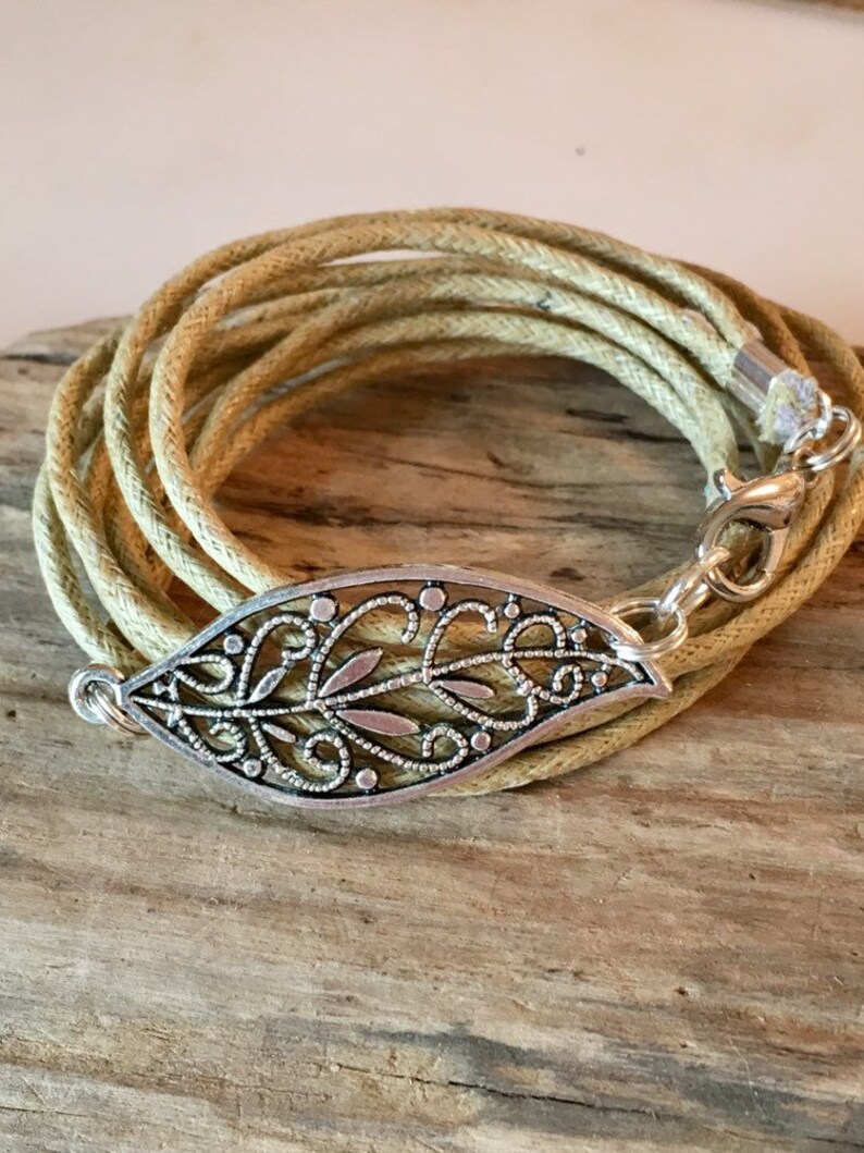 Cotton Cord Charm Wrap/Wax Cord Bracelet/ Boho Silver Leaf/ Etsy