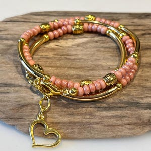 Pink, Rose and Gold Boho Wrap, Gold Tube Wrap Bracelet,Black stack wrap Bracelet, Tibetan, Boho, 3X Wrap,  Multi Wrap, Fun Wrap Bracelet