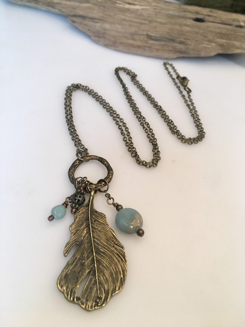 Boho Pendant Necklace Bronze Feather With Blue Jasper Stones | Etsy