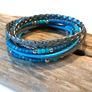 Boho Leather Bracelet, Leather Beaded Wrap, Deluxe Wrap Bracelet,Gypsy Wrap Bracelet/ Metallic Silver/Blue, Turquoise,Cuff Bracelet/Rocker/