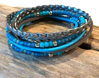 Boho Leather Bracelet, Leather Beaded Wrap, Deluxe Wrap Bracelet,Gypsy Wrap Bracelet/ Metallic Silver/Blue, Turquoise,Cuff Bracelet/Rocker/