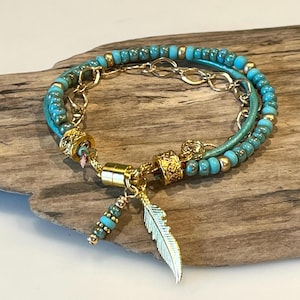 Beaded Wrap Bracelet, Turquoise and  Gold Crystal Beaded Bracelet, Aqua/Gold Wrap Bracelet, Charm Bracelet, Gift For Her, Custom