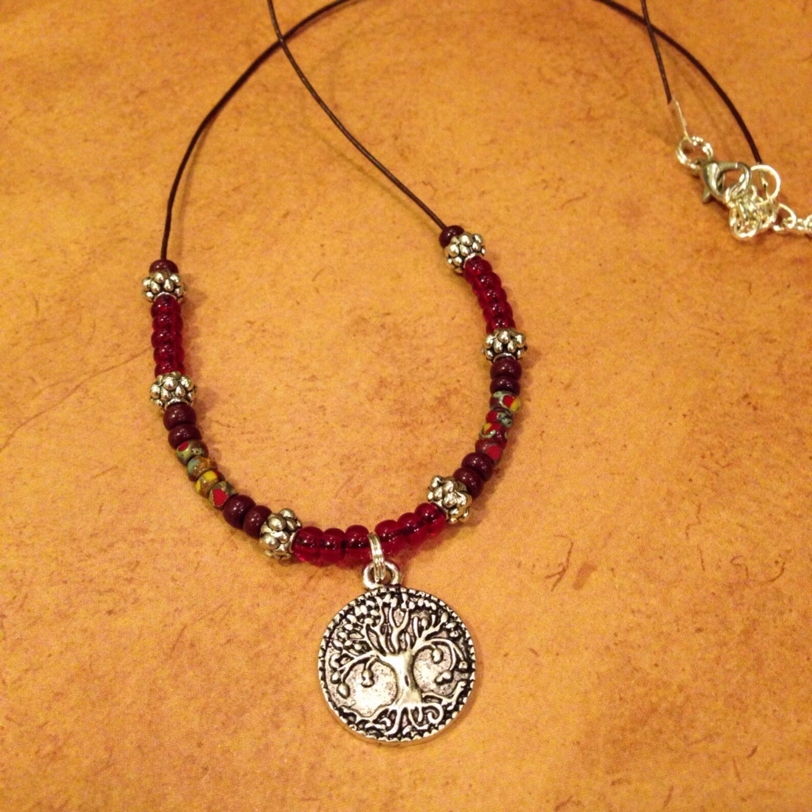 Leather Cord Beaded Charm Necklace Boho Zen Burgundy Brown Etsy
