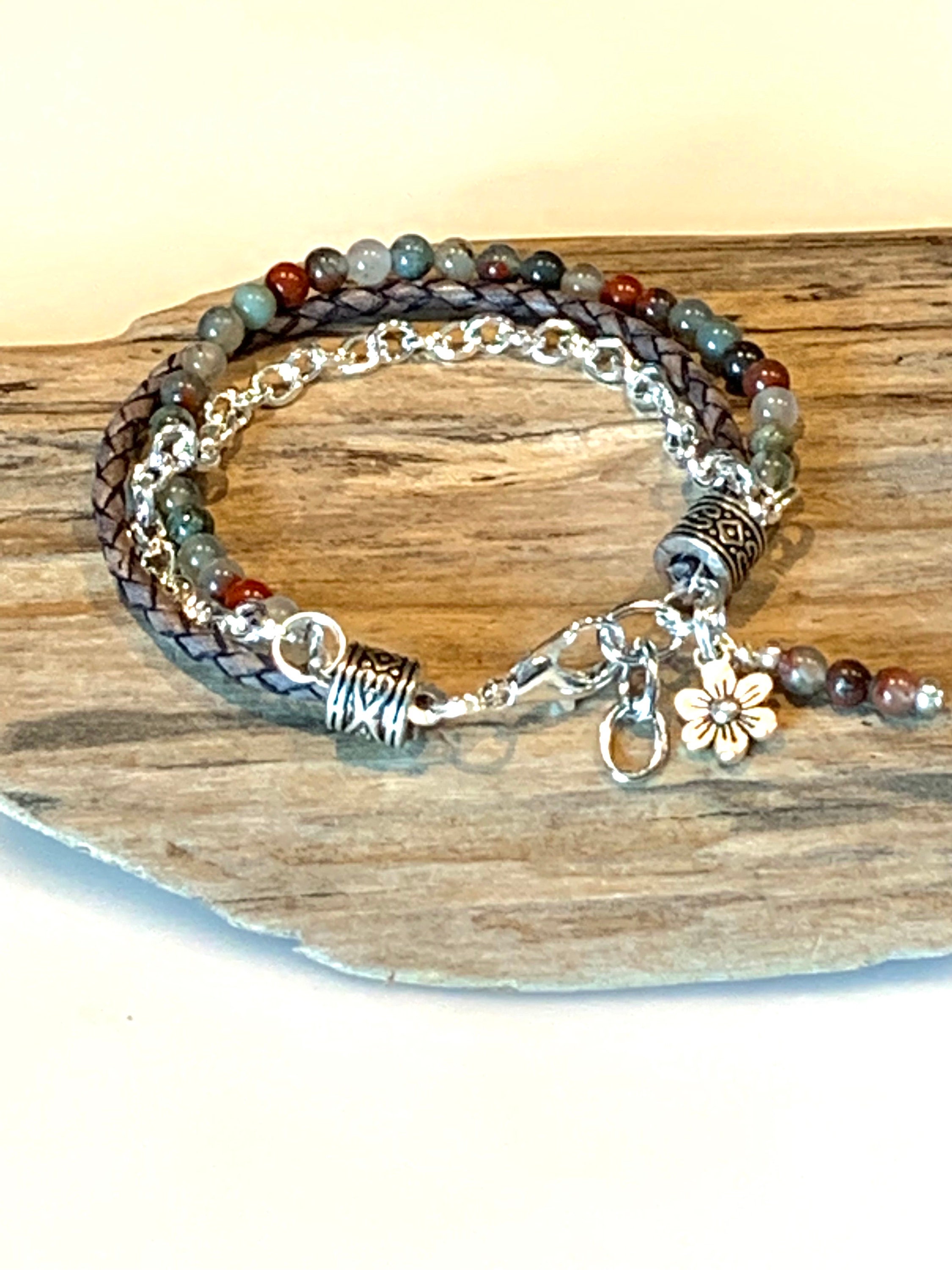 Beaded Boho Bracelet, Blood Stone Jasper and Leather Beaded