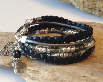 Wrap Bracelet, Boho Beaded Wrap Bracelet, Leather Wrap,Grey, Silver, Black, 2X Leather Wrap, CHOOSE your CHARM!