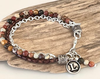 Beaded Boho Bracelet, Red Creek Jasper and Leather Beaded Bracelet, Boho Bracelet, round  jasper Single Wrap, Charm Bracelet, Custom made