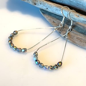 Teardrop Earrings, Silver, Gray etched crystal beads, Teardrop Boho Earrings, Gray/Silver faceted Czech beaded Dangle Earrings