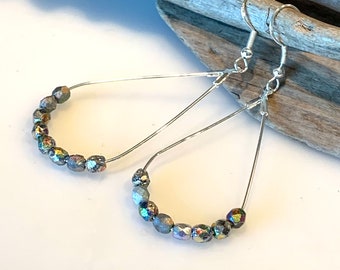 Teardrop Earrings, Silver, Gray etched crystal beads, Teardrop Boho Earrings, Gray/Silver faceted Czech beaded Dangle Earrings