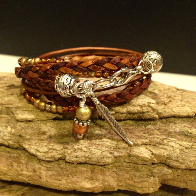 Boho Wrap,Leather Beaded Bohemian Wrap Bracelet, Gypsy, Christian, Copper, Silver, Gold Wrap Bracelet CHARM, Custom, Personalize, pet lover image 4