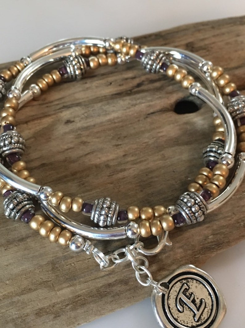 Beaded Boho Silver Tube Wrap Bracelet/ Necklace/Frosted gold Brown, 3X Multi Wrap Bracelet, Tibetan Style image 2