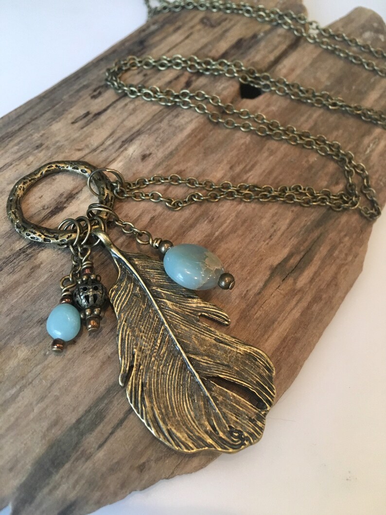 Boho Pendant Necklace Bronze Feather With Blue Jasper Stones | Etsy