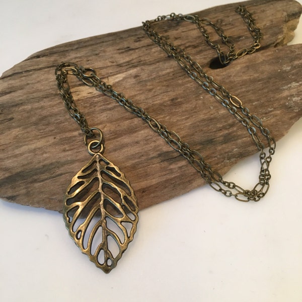 Boho Necklace, Boho Leaf Pendant Necklace, Pendant Necklace, Long Bronze Leaf Necklace, antique bronze Necklace, Long Pendant Necklace,