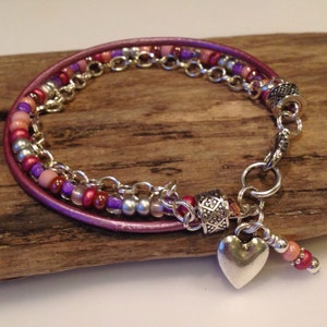 Boho bracelet, Valentines Gift,Beaded Boho Beacelet with Chain, Leather Seed Bead Wrap with Charm, Pink, Purple, Silver, Tibetan,