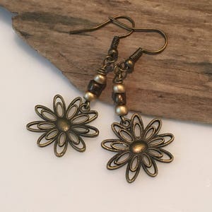 Boho Earrings, Bronze Flower Earrings, Boho Flower Dangle Earrings, Bronze, Gold seed bead boho Earrings, simple earrings
