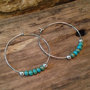 Hoop Earrings, Beaded Silver Hoop Earrings. 1 1/2 inch Hoops, Turquoise Seed Bead Earrings, Boho Style Earrings, Picasso Seed beads