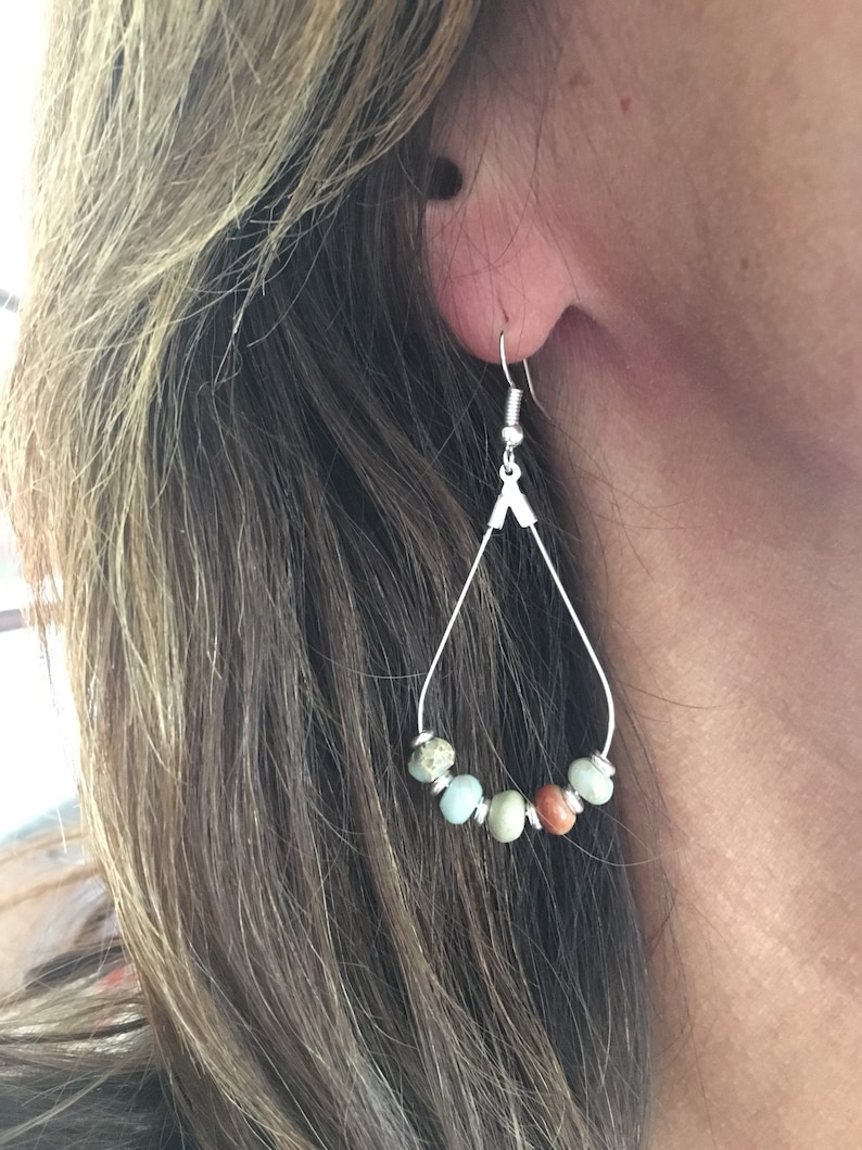Boho Style Teardrop Earrings Beach Boho Style Hoop Earrings jasper stones and silver semi precious jasper beads,Boho Dangle Earrings