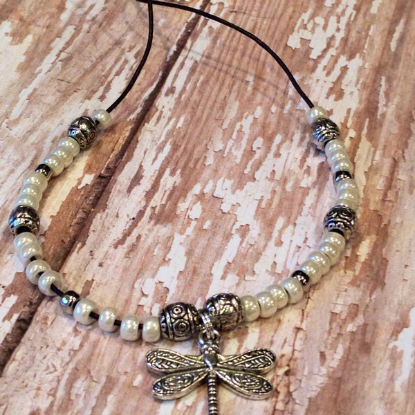 Boho Necklace,Leather Necklace,Pearl White and Silver Boho Necklace, CHOOSE your CHARM, Zen, Boho, Celtic, Christian Beaded Necklace   ,