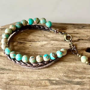 Leather Bracelet, Natural Earth Jasper Stones, Wrap Bracelet, Natural leather, jasper Stone, Wrap Bracelet, Boho Leather bracelet, Unisex